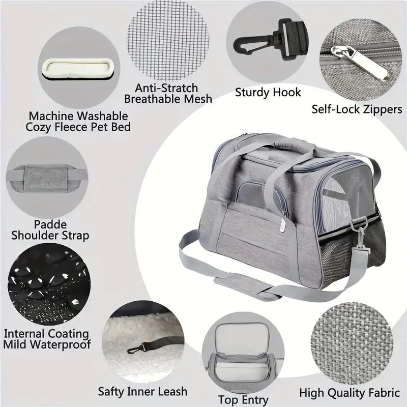 Portable pet carrier with fur pad, used for luggage, single shoulder pet bag, foldable breathable transparent cat and dog bag
